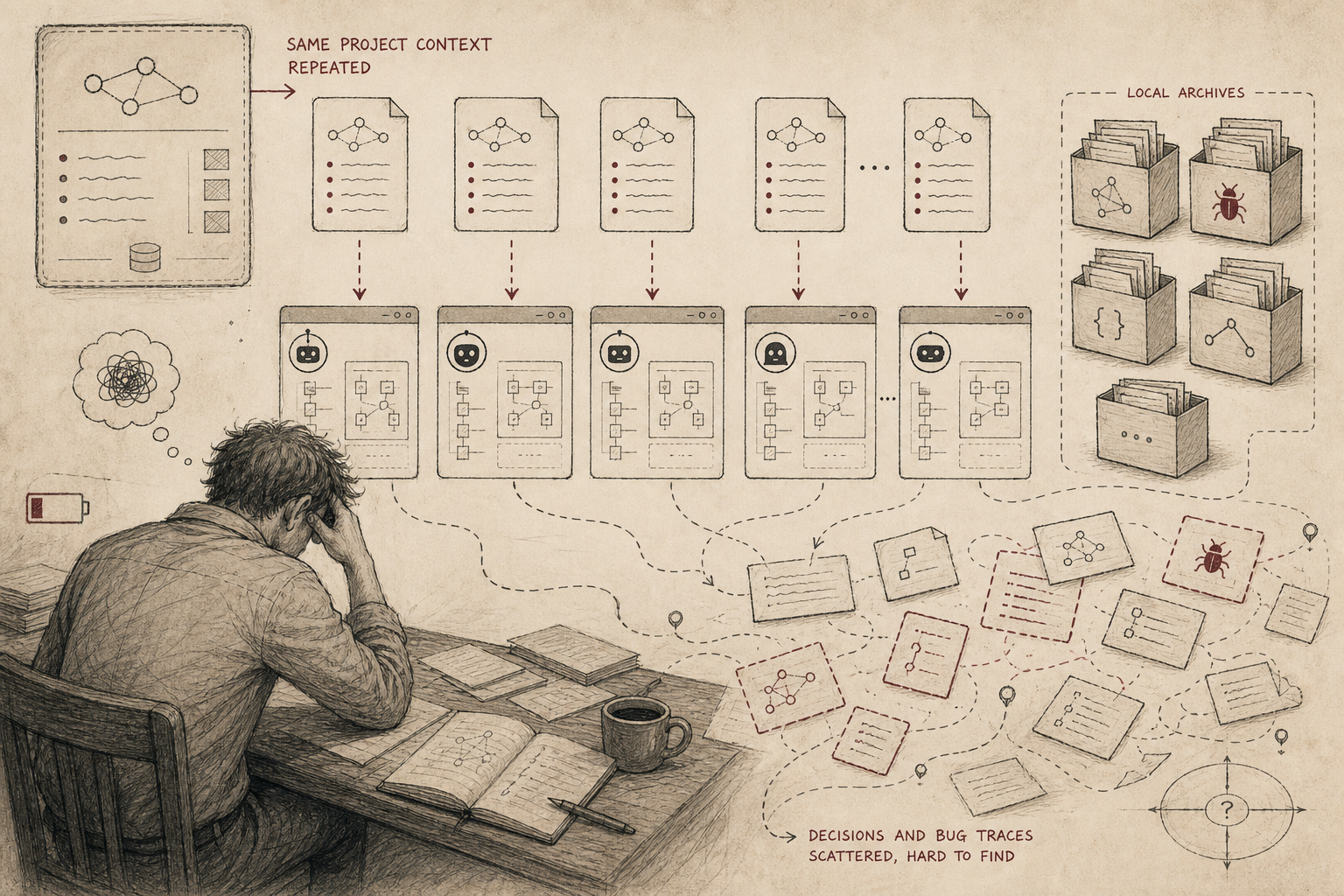 Fragmented agent sessions with repeated context and scattered local traces