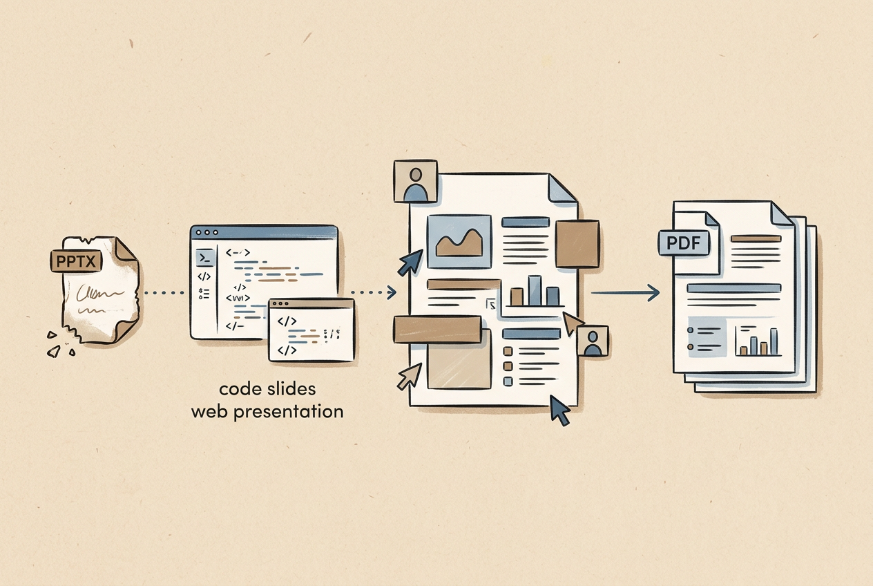 Agent-native slides journey from PPTX to code slides, document draft, and final PDF delivery