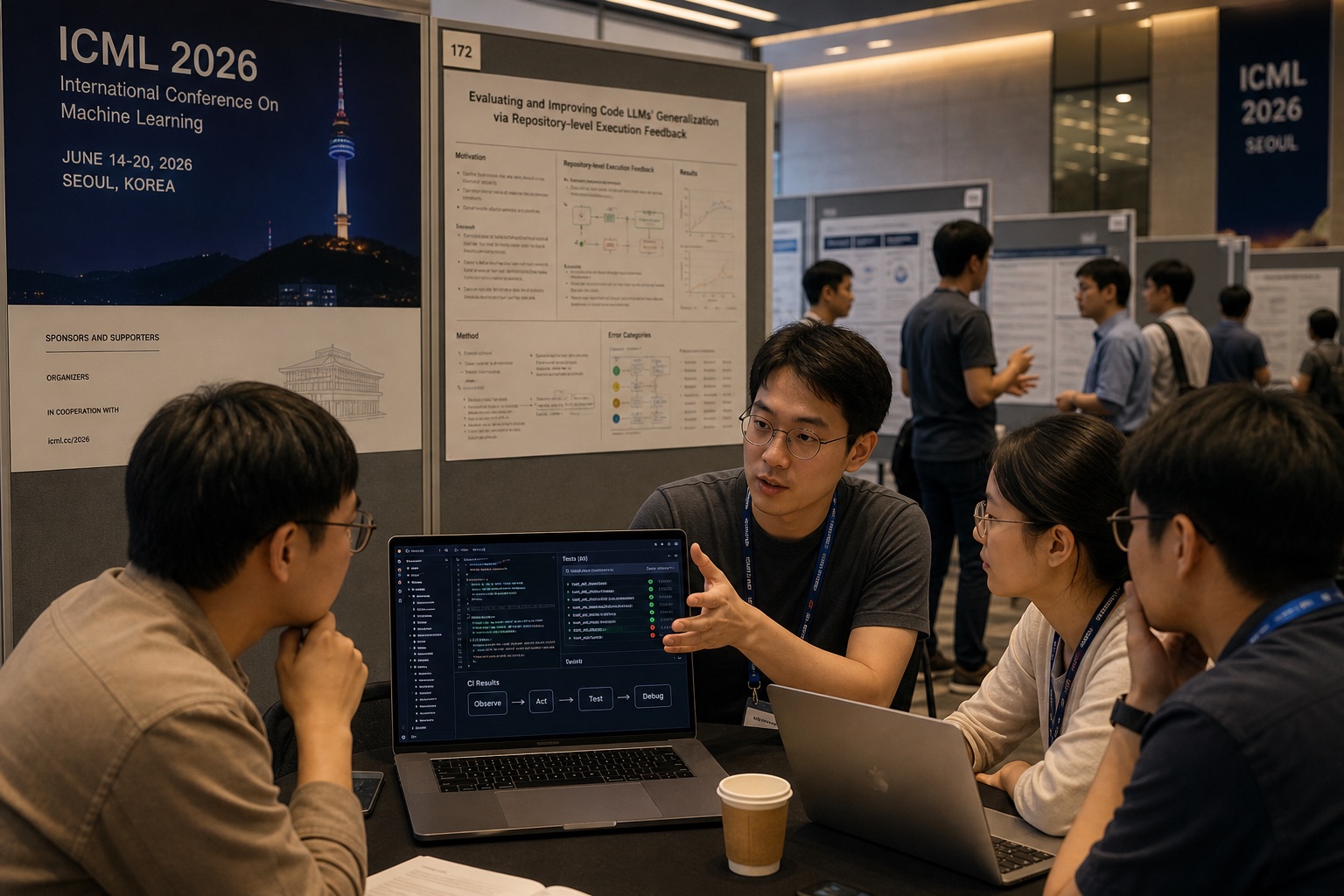 ICML conference hall with researchers discussing code agents around laptops showing repositories, tests and debugging loops